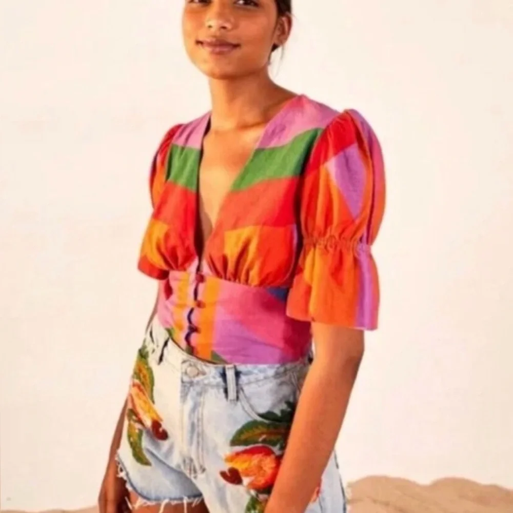 Farm Rio Amanda Blouse in Rainbow Print - Picture 1 of 5